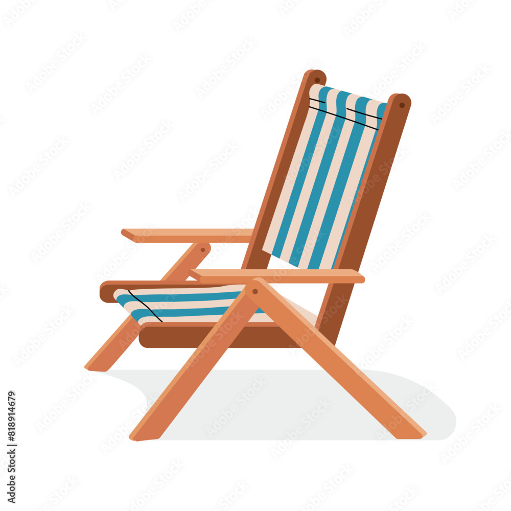 Wooden beach lounger. Chair with blue and white stripe. Outdoor furniture design isolated on white background. Suitable for summer recreation store. Vector flat illustration. Wooden beach lounger. Chair with blue and white stripe. Outdoor furniture design isolated on white background. Suitable for summer recreation store. Vector flat illustration.