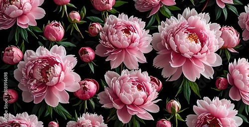 Wallpaper representing pink peony flowers on a black background © GERARD