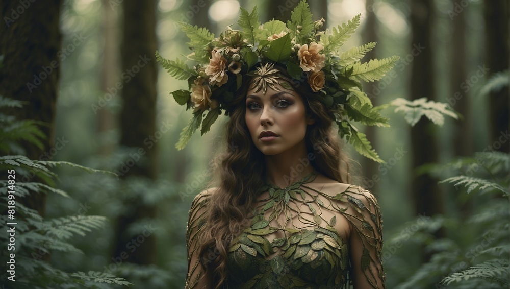 Majestic Dryad in Forest: Earthy Tones Mosaic Skin, Leaf and Flower Adorned Hair, Nature's Guardian Majestic Dryad in Forest: Earthy Tones Mosaic Skin, Leaf and Flower Adorned Hair, Nature's Guardian