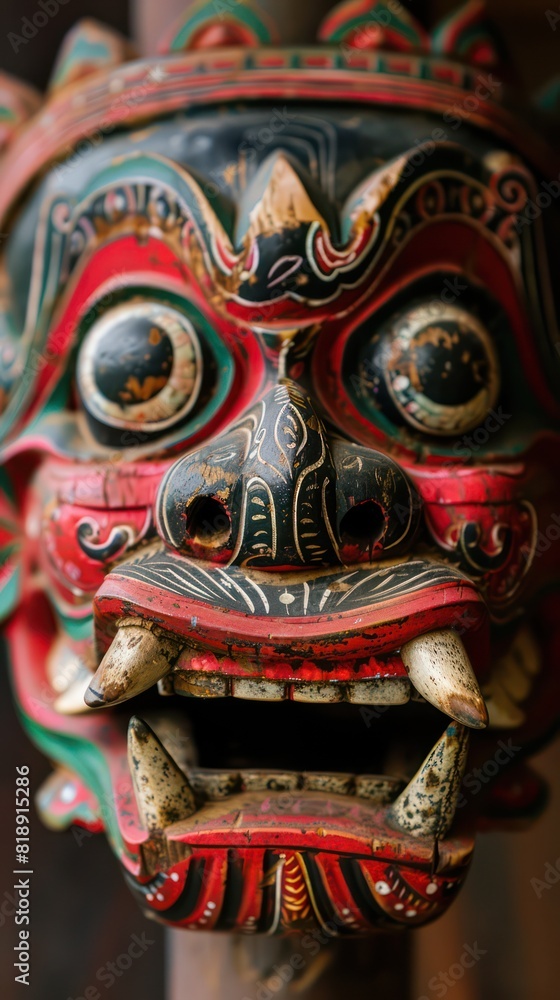 Close-up shot of a handcrafted Balinese mask with intricate designs and vibrant colors, showcasing cultural artistry Close-up shot of a handcrafted Balinese mask with intricate designs and vibrant colors, showcasing cultural artistry