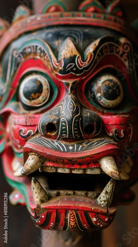 Close-up shot of a handcrafted Balinese mask with intricate designs and vibrant colors  showcasing cultural artistry