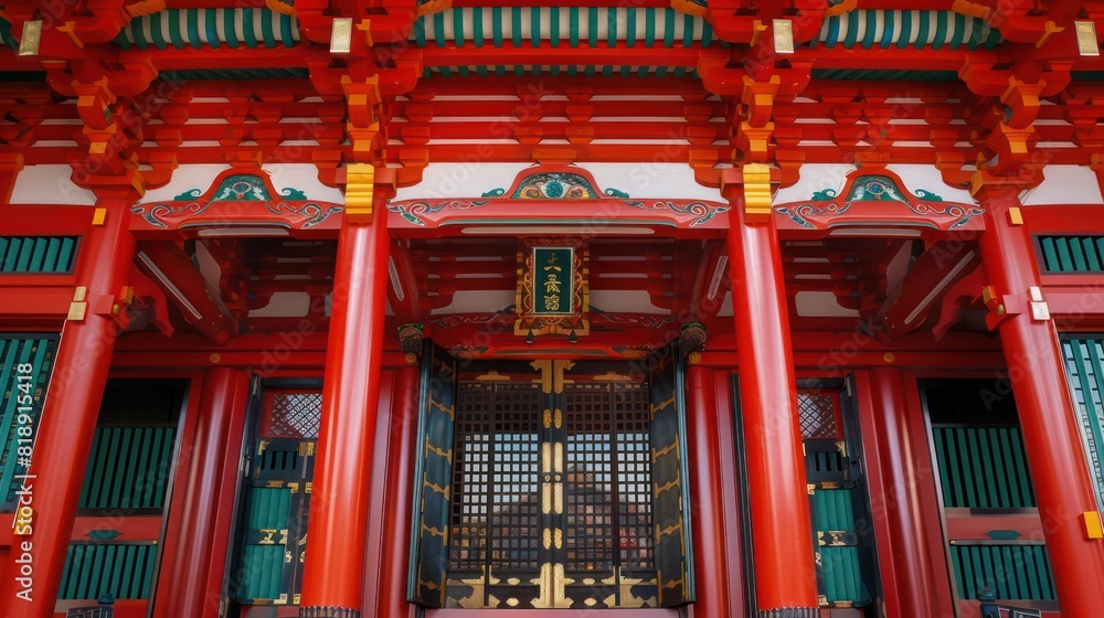 Traditional Japanese temple entrance with bright red and green wooden beams and intricate architectural details