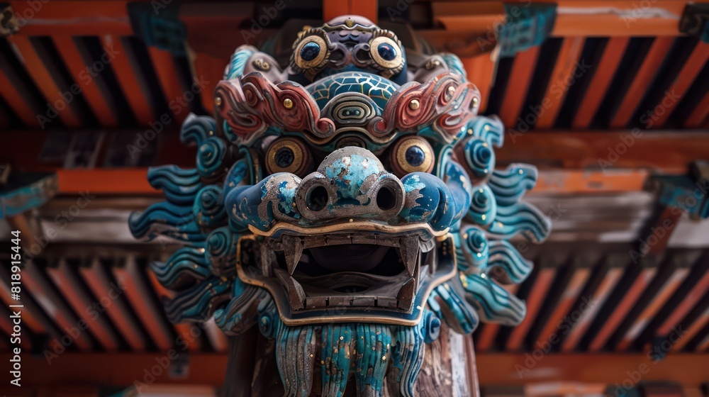 Fototapeta premium A vibrant and intricately detailed dragon statue with an open mouth, set against the backdrop of a temple's wooden architecture