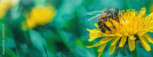 Bees pollinates a yellow dandelion against a background of green grass. blooming yellow flower close-up with a bee. summer nature on the field, a bee makes honey on a flower, nectar bee, banner format photo