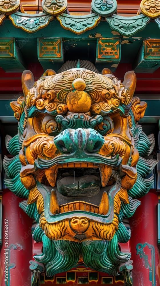Obraz premium A vibrant and detailed close-up of a traditional Chinese guardian lion statue, featuring intricate carvings and bright colors