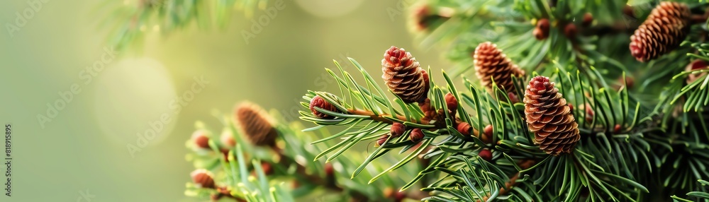 Obraz premium Close-up view of pine tree branches with fresh green needles and small pine cones, capturing the beauty of nature and serenity of evergreen forests.