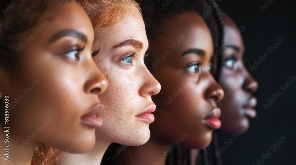 Four women of different ethnicities stand in a row, showcasing diversity and unity with a focus on their profiles Four women of different ethnicities stand in a row, showcasing diversity and unity with a focus on their profiles