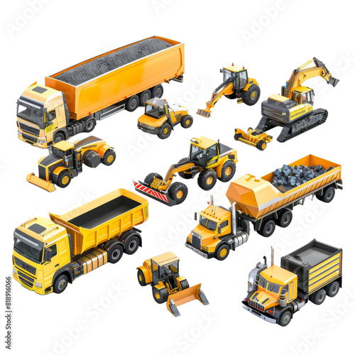 A set of yellow construction vehicles including trucks, bulldozers, excavators, and tractors, isolated on a white background