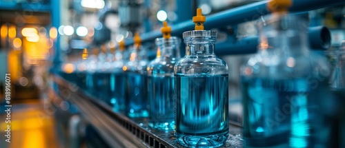 Close-up of a production line with glass bottles filled with blue liquid in a pharmaceutical manufacturing facility.