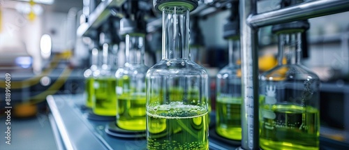 Close-up of green chemical liquid in glass bottles on automated production line in laboratory. Industrial chemical process and laboratory equipment.