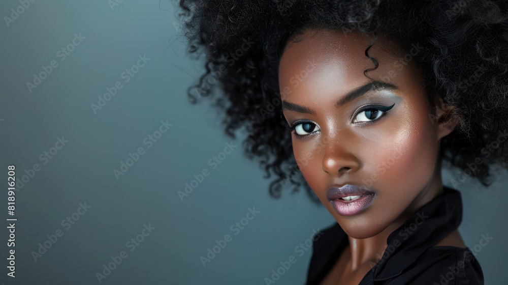 Close up shot of a black woman with striking makeup and curly hair looking at the camera with a confident gaze Close up shot of a black woman with striking makeup and curly hair looking at the camera with a confident gaze