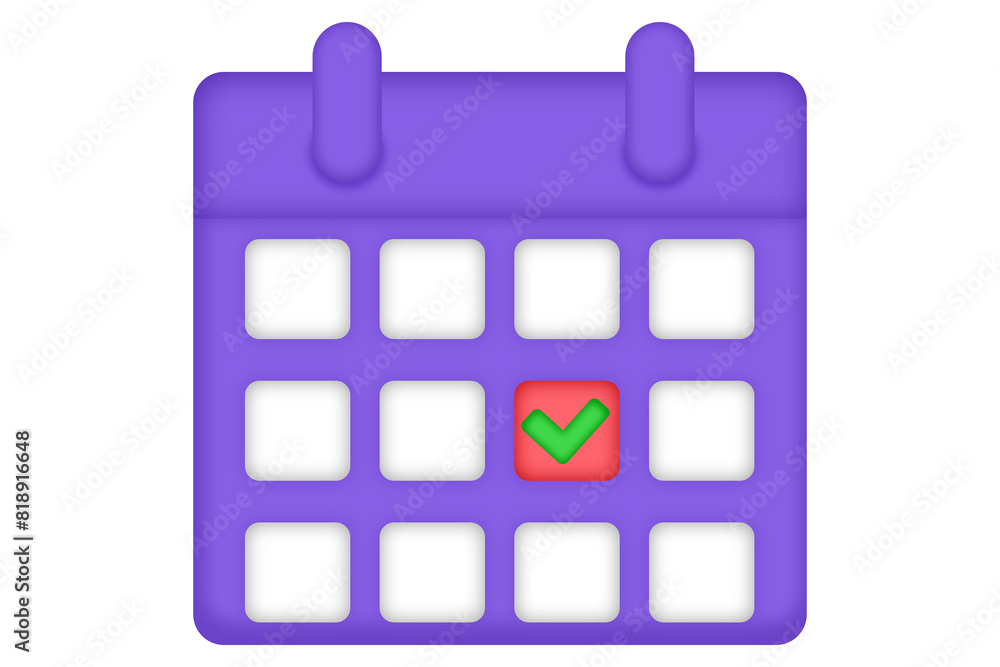 3D illustration of calendar icon showing notifications with green check mark isolated on transparent background. 3D illustration of calendar icon showing notifications with green check mark isolated on transparent background.