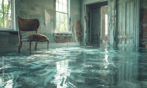 Flooded room floor, clear evidence of extensive water damage that urgently requires restoration. photo