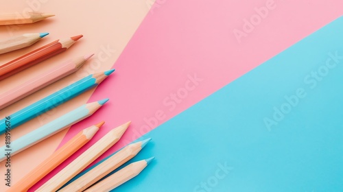 Colored pencils on pastel background featuring pink  peach  and blue shades. Perfect for creative  art  or design projects.