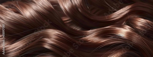 Hair care. Shampoo, moisture, keratin treatment ad banner of vector 3d healthy strong brown strand or lock with close up diagram of hair shaft structure with cuticle and magic glow shiny swirls photo