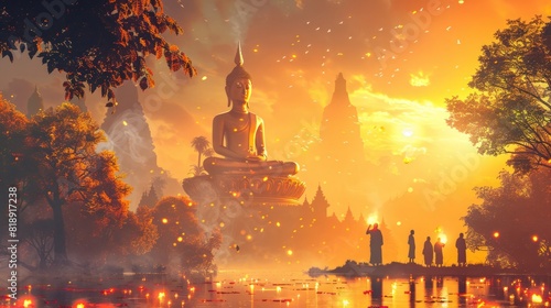 A tranquil scene with a golden Buddha and worshippers holding incense, perfect for Visakha Bucha Day promotional materials. photo