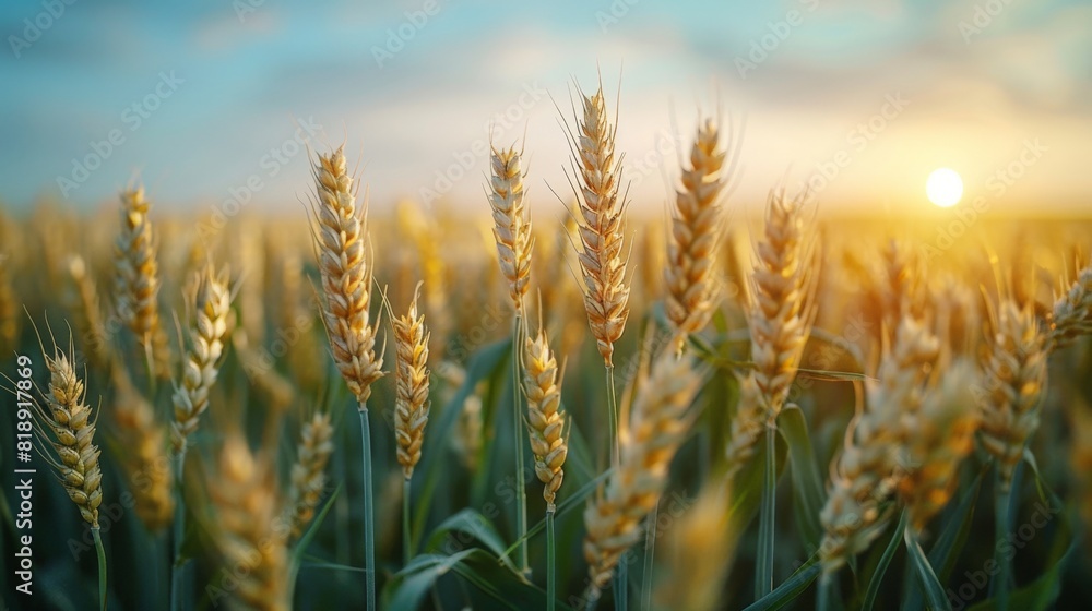 levated view of wheat field Mature wheat, light blue sky levated view of wheat field Mature wheat, light blue sky
