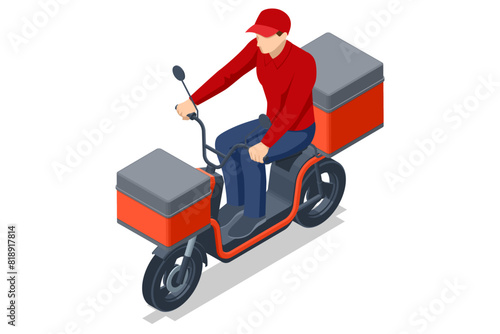 Isometric Red Delivery Motorcycle, Delivery man riding a red scooter . Food and beverage delivery scooter. Lifelike motorcycle featuring an bag, ideal for restaurant and cafe couriers.