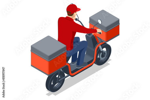 Isometric Red Delivery Motorcycle, Delivery man riding a red scooter . Food and beverage delivery scooter. Lifelike motorcycle featuring an bag, ideal for restaurant and cafe couriers.