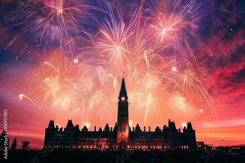 Silhouette skyline of Canadian Parliament Hill against a colourful sky and fireworks celebrating Canada day
