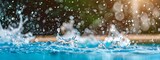 Slow motion video with hail. Frozen droplets. Close up of a drop. Raining on a blue swimming pool water surface. Big splashes from falling hailstone.