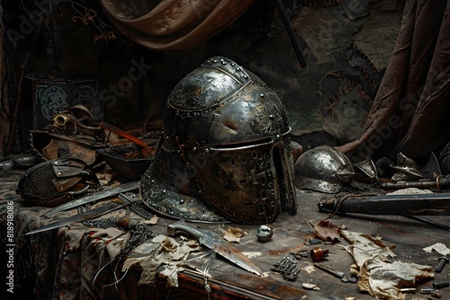 Battered Knight s Helm Resting on a Table Weathered and Scarred Battle Worn Equipment Scattered Around