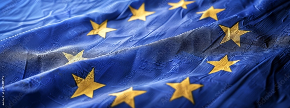 The flag of Kosovo against the background of the common currency of the European Union, the concept of Kosovo's accession to the euro zone, close up The flag of Kosovo against the background of the common currency of the European Union, the concept of Kosovo's accession to the euro zone, close up