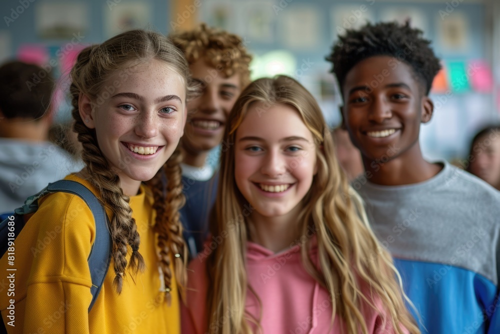 Obraz premium group of happy teenage students in bright clothes. ai generated