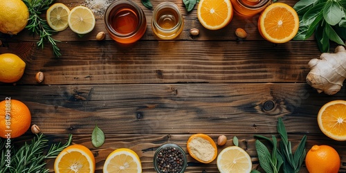 A colorful composition of oranges, lemons, honey in a jar, and various spices on a wooden surface. copy space