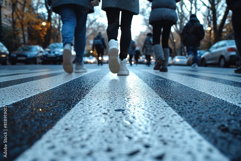 Fototapeta premium Pedestrian Safety Zebra Crossing People using a zebra crossing for safe pedestrian crossing in a city