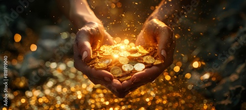 A person holding a pile of gold coins in their hands. around a overflowing amount of gold coins. photo