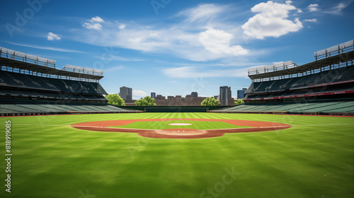 Empty Baseball Stadium with Green Field and Blue Sky