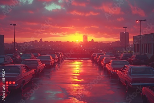 Rooftop Parking Lot Sunset Cars parked on a rooftop parking lot during a vibrant sunset, creating a picturesque scene