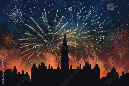 Skyline cityscape of Canadian Parliament Hill against a colourful sky and fireworks celebrating Canada day