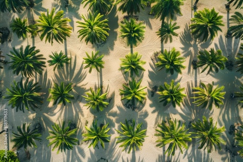 drone view palmeras simétricas, naturaleza minimalista, palmeras frondosas en la arena de la playa photo