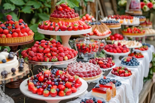 Candy bar. Banquet table full of berries and an assortment of sweets. pie and cake. wedding on the nature
