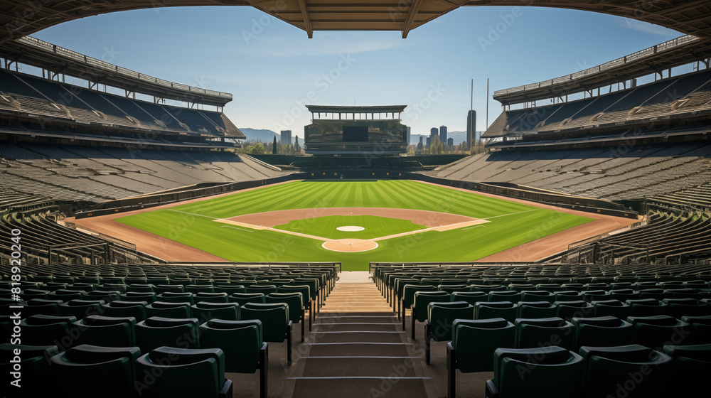 Scenic View of an Empty Baseball Stadium with City Skyline