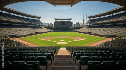 Scenic View of an Empty Baseball Stadium with City Skyline