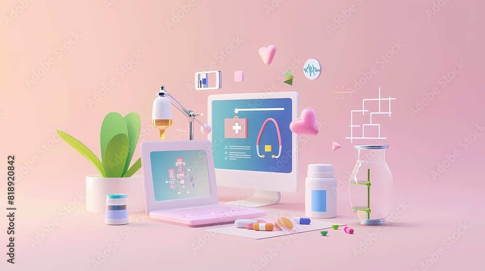 A whimsical 3D illustration of digital healthcare and online medicine concept A whimsical 3D illustration of digital healthcare and online medicine concept