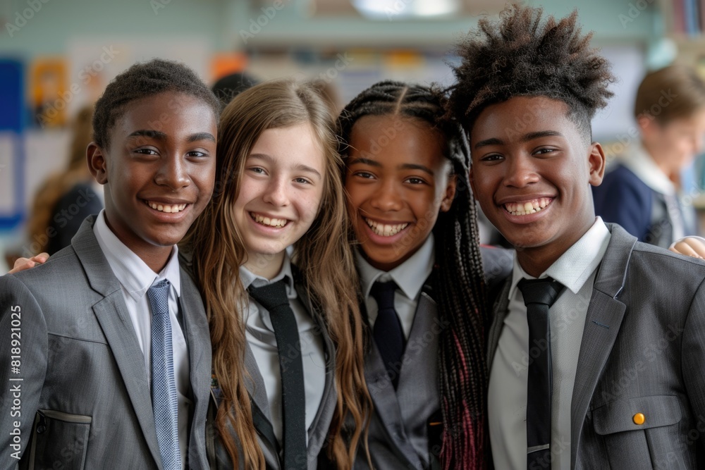 group of 4 smiling teenage students wearing uniform standing in classroom. ai generated group of 4 smiling teenage students wearing uniform standing in classroom. ai generated