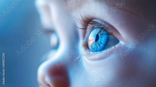 Close-up of a baby's blue eye with detailed reflections, symbolizing innocence and curiosity. Concept of childhood, curiosity, and innocence.
 photo