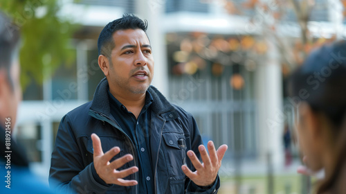 Male guide gives a tour to tourists, emotionally telling an interesting story