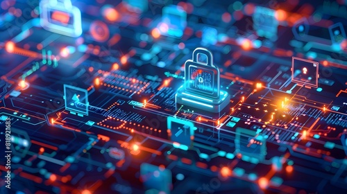 A network of IoT devices protected by advanced security measures, including encryption shields, authentication keys, and anomaly detection systems, forming a digital fortress