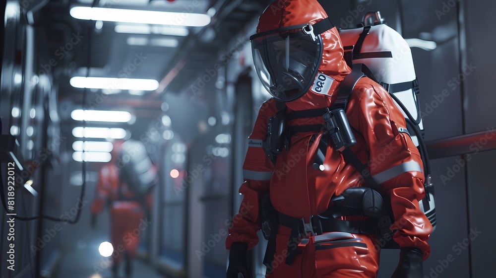 Astronauts in red suits navigating a spacecraft corridor Astronauts in red suits navigating a spacecraft corridor