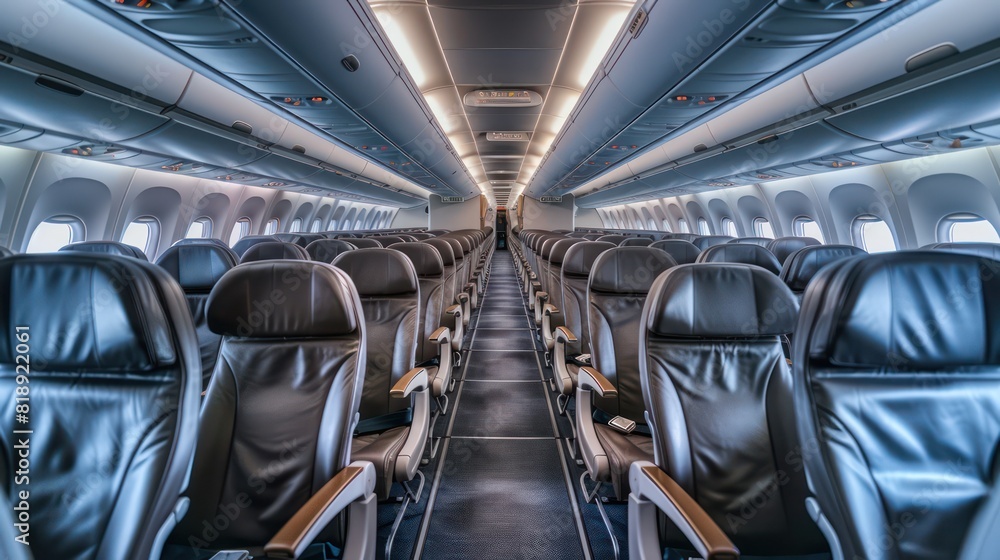 Modern aircraft cabin with rows of empty blue leather seats, overhead compartments, and windows Modern aircraft cabin with rows of empty blue leather seats, overhead compartments, and windows