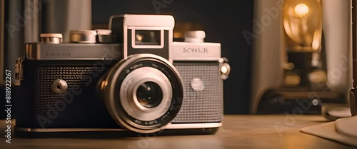 An old-fashioned, black and silver camera with big buttons and a round lens photo