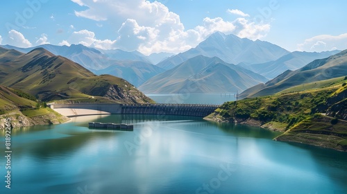  A serene mountain landscape featuring a hydroelectric dam and reservoir, illustrating the natural beauty and renewable energy potential of pumped hydro storage technology photo
