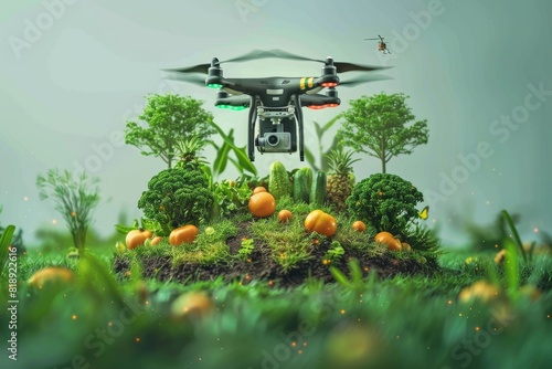Smart farming solutions with isometric fruit farming using drone technology for agricultural automation and robotic drones in colorful flower farming.