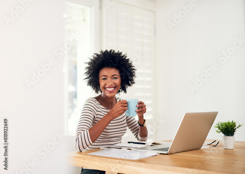 Black woman, portrait and laptop or coffee for remote work, paperwork and planning for startup. Female person, drinking tea and confident for online research or documents for company, home and web