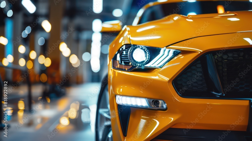 Close-up view of a yellow sports car's headlight, grille, and hood with a blurred garage background Close-up view of a yellow sports car's headlight, grille, and hood with a blurred garage background